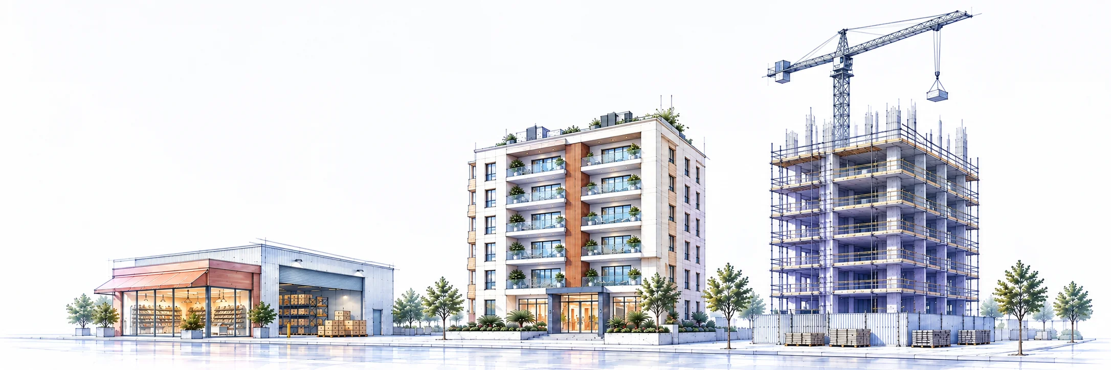 Croquis d'une rue : à gauche une boutique et son entrepôt, au centre une résidence, à droite un chantier avec une grue